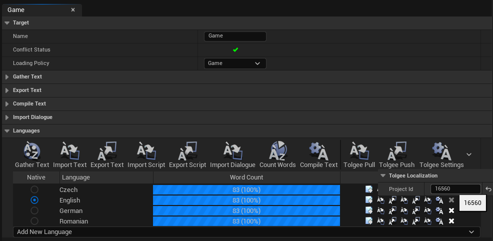 Unreal Engine Localization Target Settings