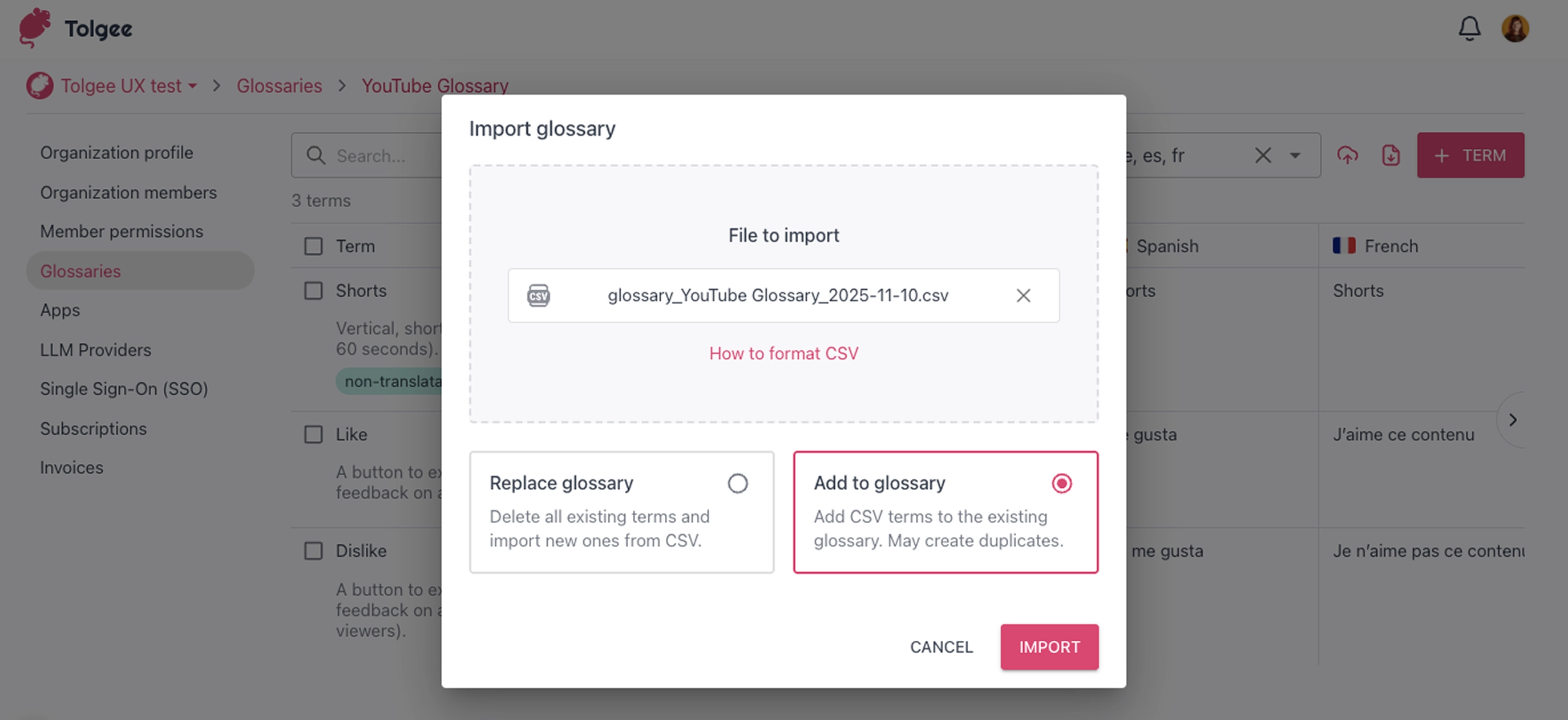 Import with an option Add to glossary