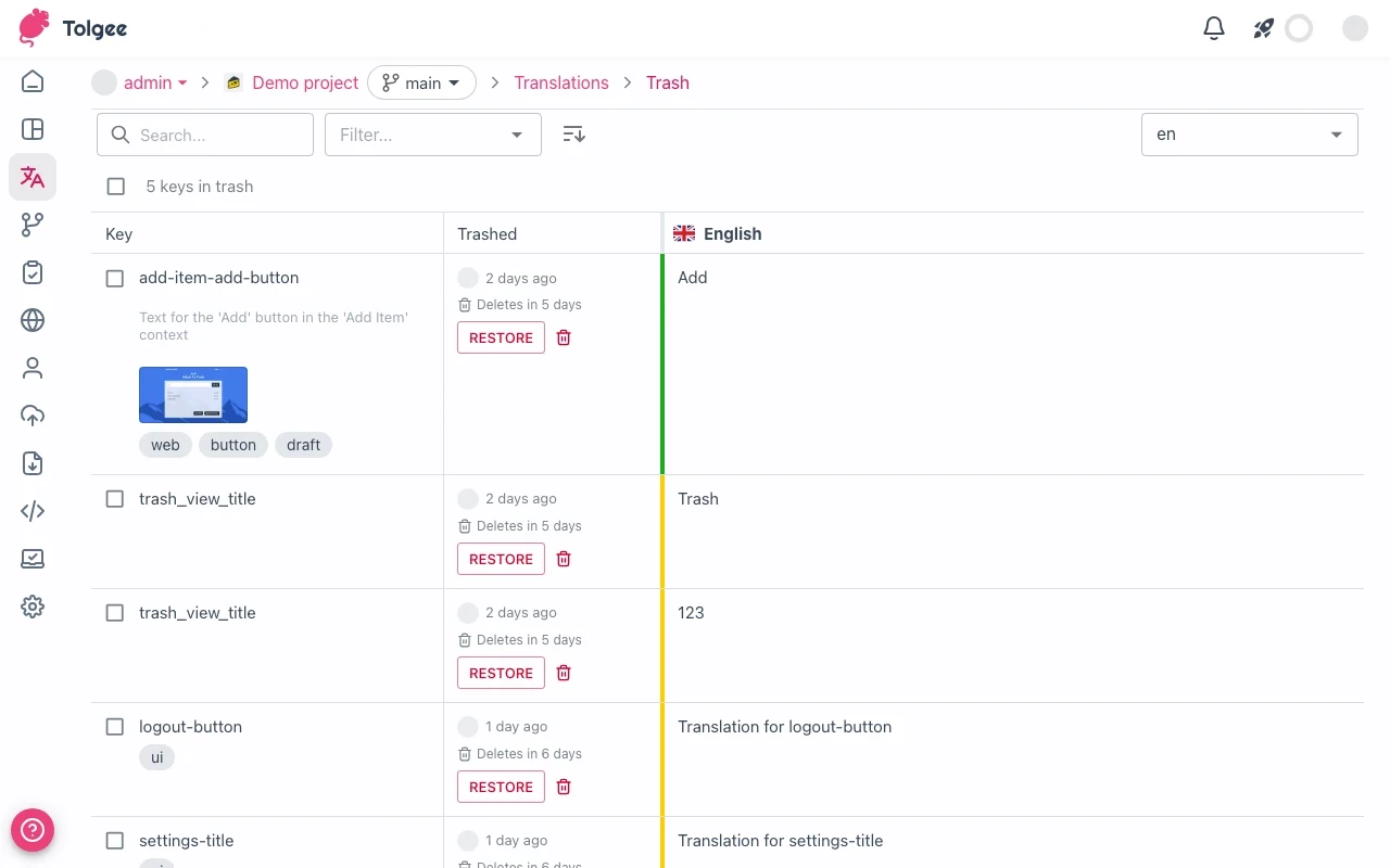 Trash view showing trashed keys with metadata